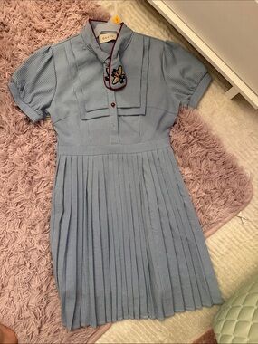 Gucci style  Light Blue Pleated Girls Dress with Embroidered Bee